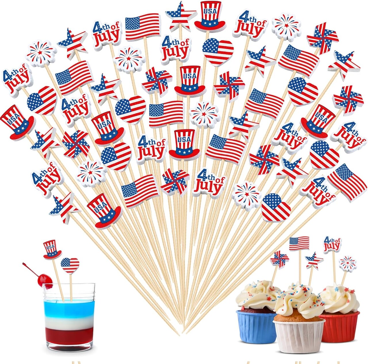 200 Pcs Patriotic Bamboo Cocktail Picks - 5.12" 4th of July Food Toothpicks with 7 Decorative Patterns, American Flag & Firework Cupcake Toppers for Independence Day, Memorial Day & Party Appetizers